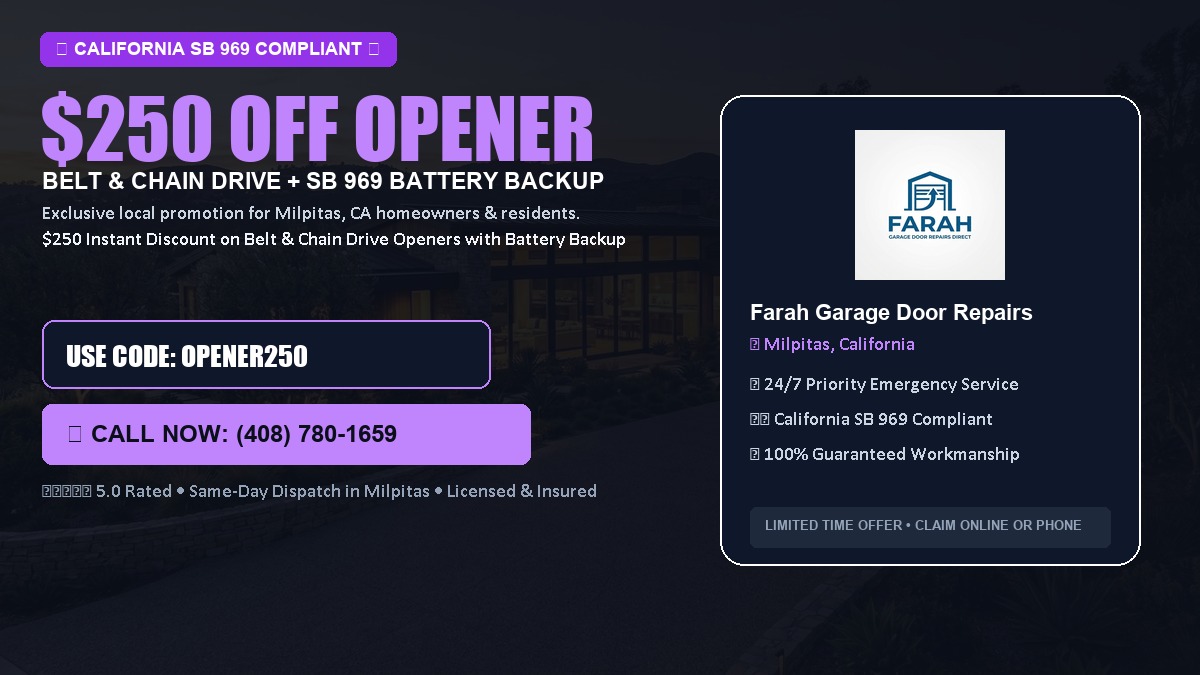 $250 OFF Smart Garage Door Opener Installation (Belt & Chain Drive with California SB 969 Battery Backup) in Milpitas, CA